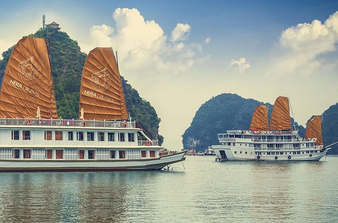 Cruise boats among the limestone islands of Halong Bay